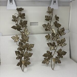 Vtg Home Interiors Gold Ivy Wall Sconce Pair Weaver Mfg Made in USA With Tag